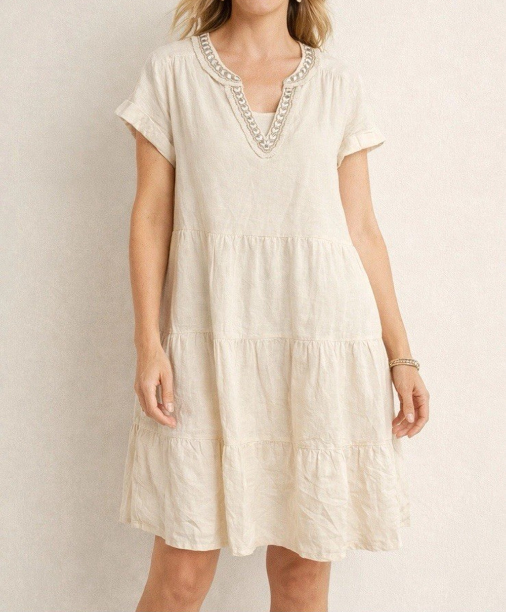 Linen White Dress Chicos 2 US Size 12 Large Tiered Embellished Pockets Bride